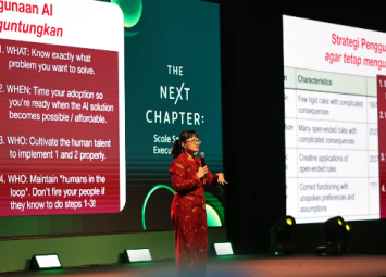 Wakil Menteri Pendidikan Tinggi, Sains, dan Teknologi Stella Christie menyampaikan paparan tentang pentingnya sumber daya manusia dan kemampuan berpikir kritis dalam pemanfaatan kecerdasan artifisial (AI) di Grab Business Forum 2026.