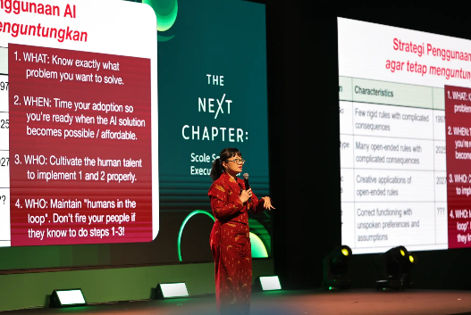 Wakil Menteri Pendidikan Tinggi, Sains, dan Teknologi Stella Christie menyampaikan paparan tentang pentingnya sumber daya manusia dan kemampuan berpikir kritis dalam pemanfaatan kecerdasan artifisial (AI) di Grab Business Forum 2026.